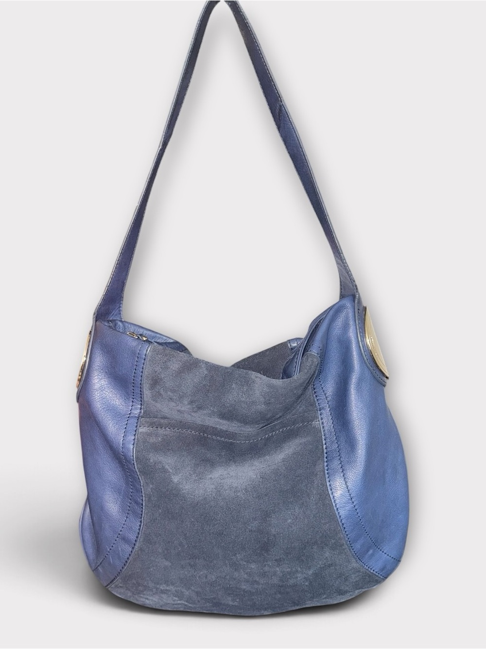 b. makowsky EUC Two-Tone Blue Suede & Leather Slouch Shoulder Bag